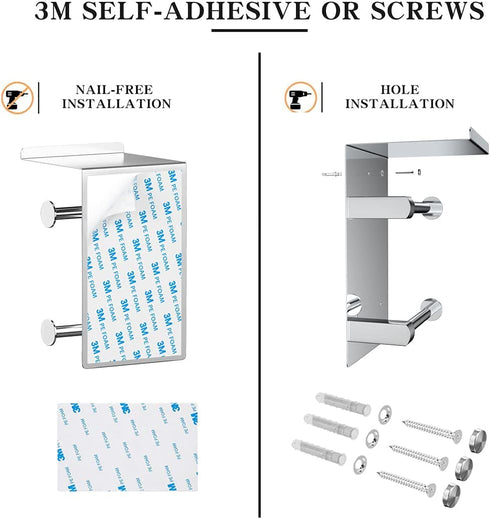 FANHAO Adhesive Toilet Paper Holder, Double Roll Toilet Tissue Holder with Shelf for Bathroom Kitchen, 3M Self Adhesive No Drilling or Wall-Mounted, SUS304 Stainless Steel Polished