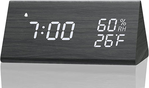 Digital Alarm Clock, with Wooden Electronic LED Time Display, 3 Alarm Settings, Humidity & Temperature Detect, Wood Made Electric Clocks for Bedroom, Bedside¦ (Black)