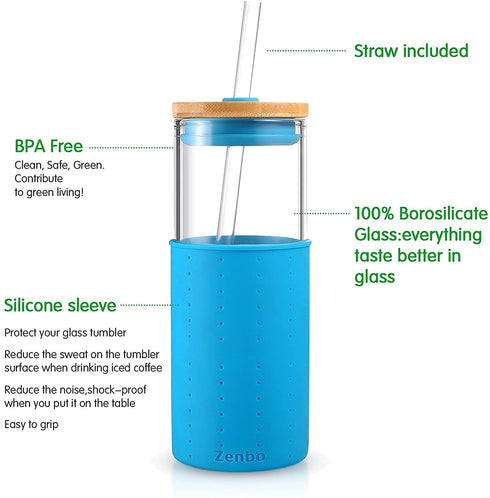 Zenbo Glass Tumbler 24 oz Iced Coffee Cup Smoothie Cups Reusable with straw And Bamboo Lid and Silicone Protective Sleeve