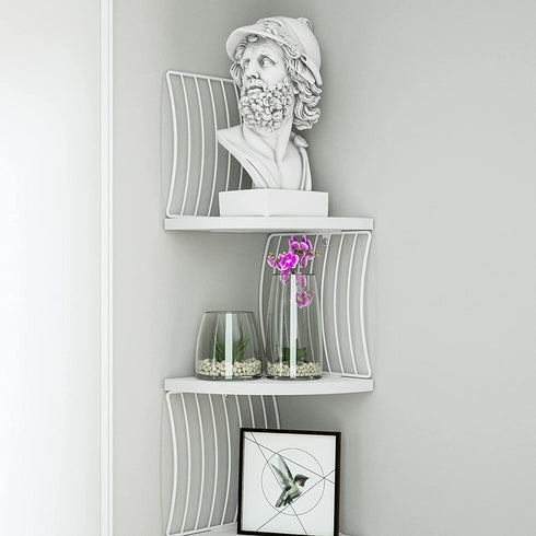 Love-KANKEI Corner Shelf Wall Mount of 5 Tier Rustic Solid Wood Floating Shelves for Bedroom Wall Shelves Living Room Bathroom Kitchen Office and More White and White Brackets