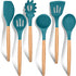 Kitchen Utensils Set of 6, E-far Silicone Cooking Utensils with Wooden Handle, Non-stick Cookware Friendly, Includes Spatula/Ladle/Slotted Turner/Serving Spoon/Spaghetti Server(Teal Blue)