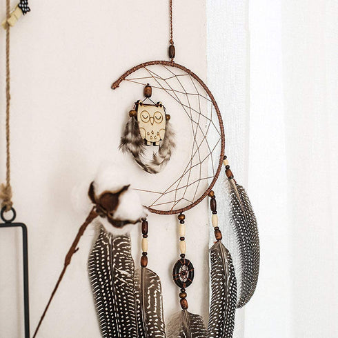 WEAGO Unique Owl Dream Catchers for Hanging,Half Circle Moon Net Dream Catcher,Wooden Beads& Owl Feather with Small Circle Pendant Dream Catchers,Wall Hanging Decoration Bedroom Home Ornament Gift