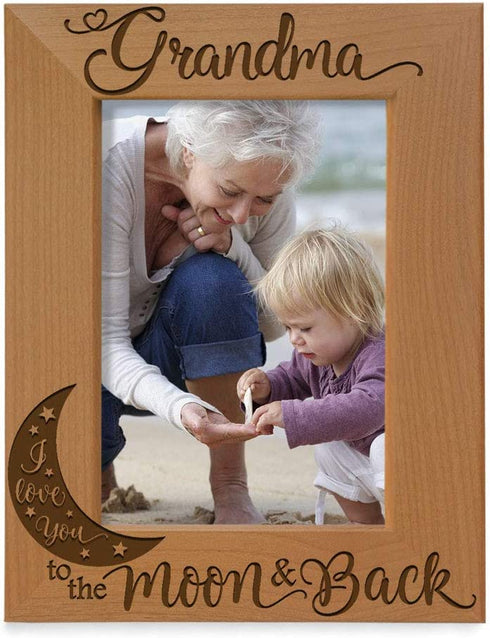 KATE POSH - Grandma I Love You to the Moon and Back Engraved Natural Wood Picture Frame, Mother's Day Gifts for Grandma, Birthday Gifts for Grandmother, Best Grandma Ever (4x6-Vertical)