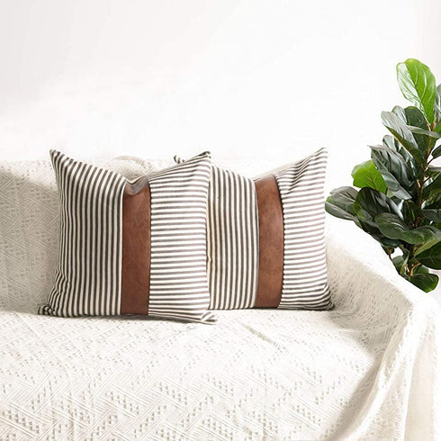 Farmhouse Decoration Pillow Covers 18x18 inch Set of 2 Modern Faux Leather and Ticking Stripe Pillow Covers Boho Indoor Outdoor Decor Cushion Covers for Couch Sofa,Gray