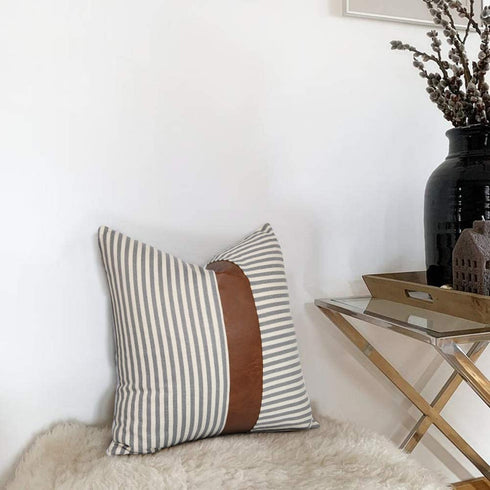 Farmhouse Decoration Pillow Covers 18x18 inch Set of 2 Modern Faux Leather and Ticking Stripe Pillow Covers Boho Indoor Outdoor Decor Cushion Covers for Couch Sofa,Gray