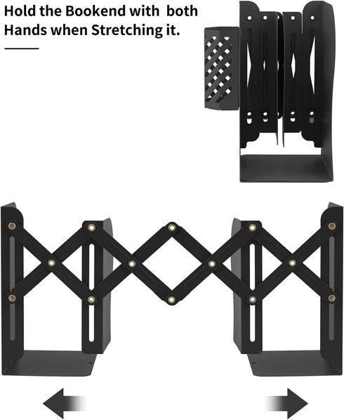 MSDADA Adjustable Bookends, Book Ends for Heavy Books, Expandable Book Organizer with Pen Holder for Desk, Shelf, Office, for 6 7 8 9-15 Boys and Girls, Extends up to 19 inches (Black)