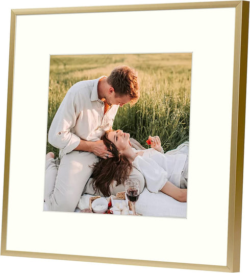 AUEAR, 12x12 Gold Aluminum Metal Wall Mounting Frame with Ivory Mat for Photo & Real Glass (2-Pack)