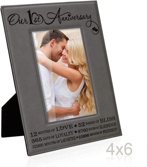 KATE POSH Our First (1st) Anniversary Engraved Leather Picture Frame - Gifts for Couple, Gifts for Him, Gift for Her, Paper, Photo Frame, First Wedding (4x6-Vertical)