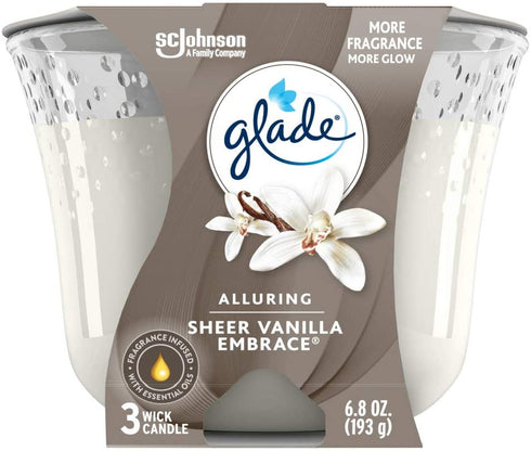Glade Candle Sheer Vanilla Embrace, Fragrance Candle Infused With Essential Oils, Air Freshener Candle, 3-Wick Candle, 6.8 Oz, 3 Count
