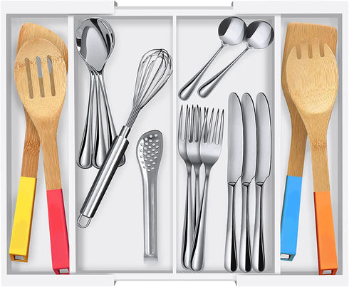 Bamboo Kitchen Drawer Organizer,Expandable Silverware Organizer,Utensil Holder and Cutlery Tray with 4 Adjustable Compartments,White