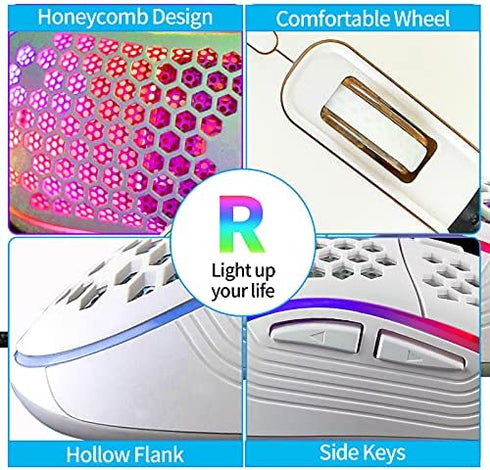Honeycomb Wired Gaming Mouse, RGB Backlight and 7200 Adjustable DPI, Ergonomic and Lightweight USB Computer Mouse with High Precision Sensor for Windows PC & Laptop Gamers (White)