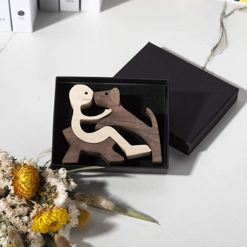 Handmade Wood Decor Sculptures, Sitting Man and Dog Statue, Carved Creative Home Office Gift Decoration Natural ECO Friendly
