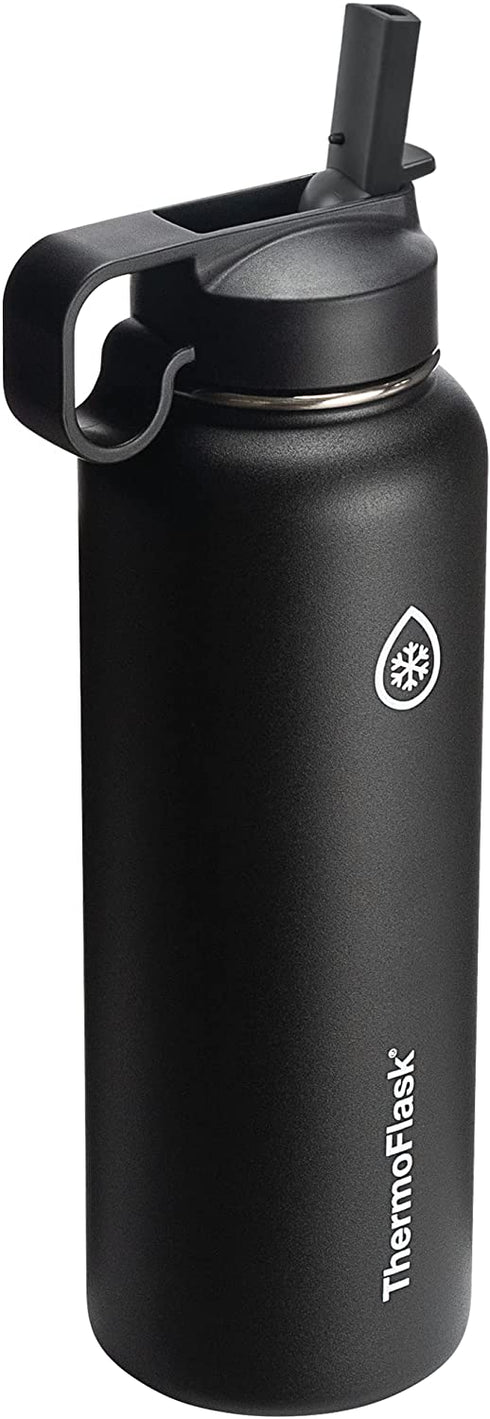 Thermoflask Double Stainless Steel Insulated Water Bottle with Two Lids, 40 Ounce, Black