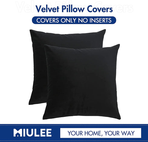 MIULEE Pack of 2 Velvet Pillow Covers Decorative Square Pillowcase Soft Solid Black Cushion Case for Sofa Bedroom Car 22 x 22 Inch 55 x 55 cm
