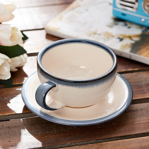 Coffeezone Vintage Design 12 oz Ceramic Latte Art Cappuccino Barista Cup with Saucer (Beige)