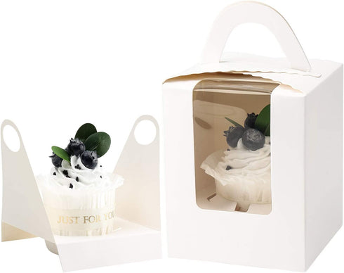 White Cupcake Boxes,50pcs Single Cupcake Carrier with Window Insert and Handle Kraft Pastry Containers Muffins Cupcake Carriers for Bakery Wrapping Party Favor Packing Treat Box