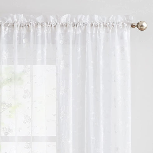 Lazzzy Sheer Curtains for Living Room Floral Embroidery 84 inch Long Rustic White Voile Window Curtain Drpaes for Bedroom Rod Pocket 2 Panels