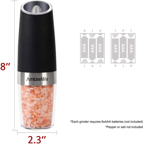 Gravity Electric Pepper Grinder or Salt Grinder MillWhite Light€‘- Battery Operated Automatic Pepper Mill with Light, Adjustable Coarseness, One Handed Operation, Cleaning Brush, Black by AmuseWit