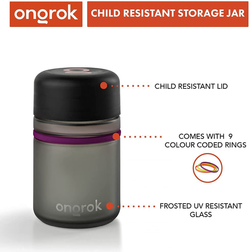 ONGROK Glass Storage Jar, 180ml, 3 Pack, Color-Coded Airtight Glass Containers, UV Herb Jar to Stash Goods with Care with Child Resistant Lid