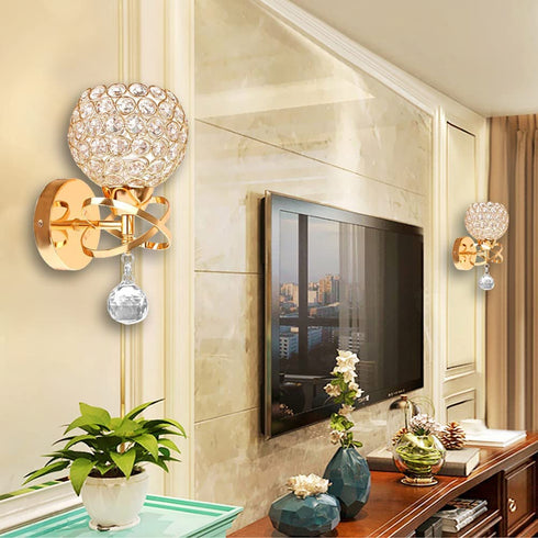Gold Wall Sconce, Modern Luxury Crystal Wall Lamp, Wall Mounted Crystal Sconces Wall Lighting, Bedroom Wall Light Fixtures with Crystal Pendant Living Room Sconces Wall Decor- E26 Socket