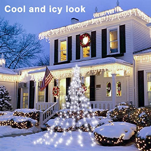 Outdoor Christmas Decorations Star Light,11.8 ft 344 LED Waterfall Tree Lights with Topper Star String Lights Plug in ,8 Lighting Mode Christmas Star Lights for Party Home Holiday Decor(Cool White)