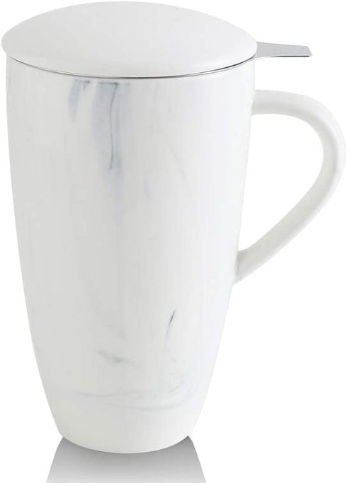 KOOV Porcelain Tea Cup with Infuser Basket and Lid, Teaware with Filter, 18 OZ (marble white)
