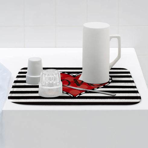 Artoid Mode Watercolor Stripe Heart Love Valentine's Day Dish Drying Mat for Kitchen Counter, 18 x 24 Inch Seasonal Ultra Absorbent Home Dish Drainer Mats Plate Holder
