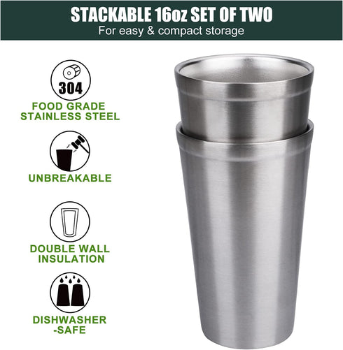 Pint Glasses Set of 2 Stainless Steel , Double Wall 16 oz Stainless Steel Tumbler, Stainless Steel Cups for Beer,Cocktails, Coffee, Tea,Smoothies,Gift for Kids and Adults