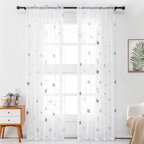 White Sheer Curtains for Bedroom - Silver Star Print Curtains 96 Inches Length Rod Pocket Sheer Panels Star Window Curtains for Living Room, 52 x 96 Inch, 2 Panels, Silver White, by FINECITY