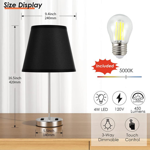 Innqoo Touch Control Table Lamp - Modern Black Nightstand Lamp with 2 AC Outlets, 3 Way Dimmable Small Bedside Lamp for Night Table Side Table End Table Coffee Table, Daylight LED Bulb Included