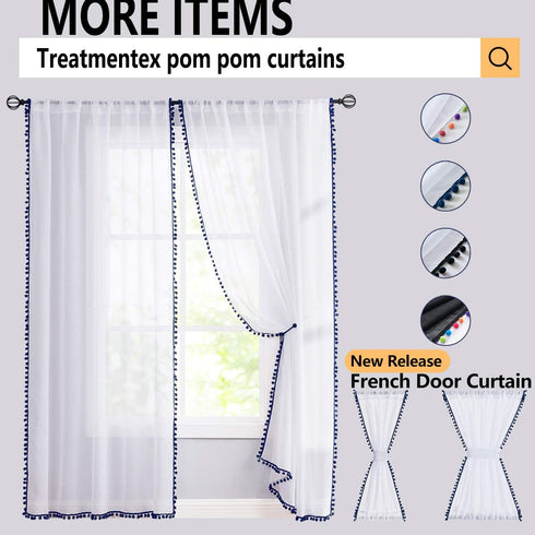 Pom Pom Yellow Sheer Curtains for Girl's Room 63" Linen Texture Voile Draperies for Bedroom 52" w 2 Pack