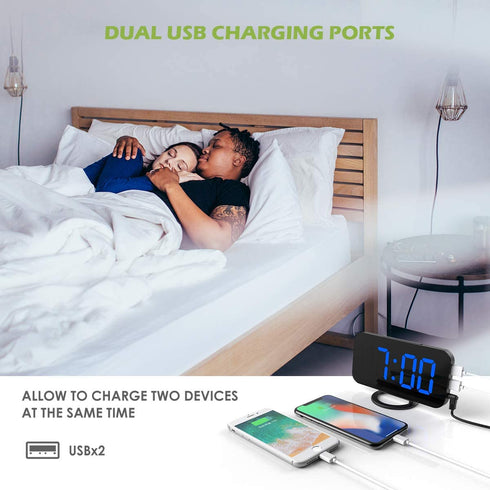 KeeKit Digital LED Alarm Clock, Large 6.5" Mirror Surface Alarm Clock with Dual USB Charging Ports, Snooze Function, Auto/Manual Adjustable Brightness, 12/24H Display for Home, Bedroom, Office - Blue