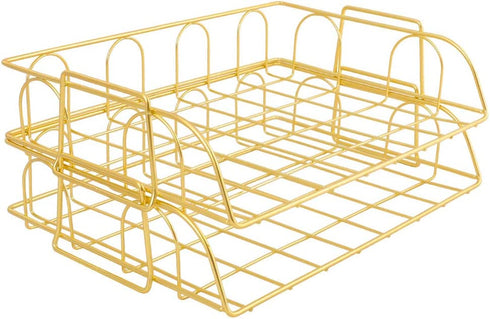 Superbpag 2 Packs Stackable Horizontal Metal File Letter Trays Organizer for Desk,Gold