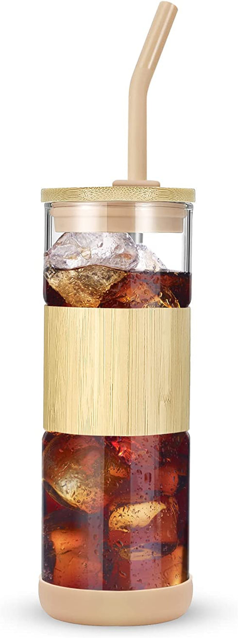 tronco Glass Tumbler with Bamboo Lid and Straw,20OZ Reusable Iced Coffee Cup With Bamboo Sleeve,Smoothie Cups,Clear Glass Travel Water Bottle,Spill Proof