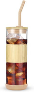 tronco Glass Tumbler with Bamboo Lid and Straw,20OZ Reusable Iced Coffee Cup With Bamboo Sleeve,Smoothie Cups,Clear Glass Travel Water Bottle,Spill Proof