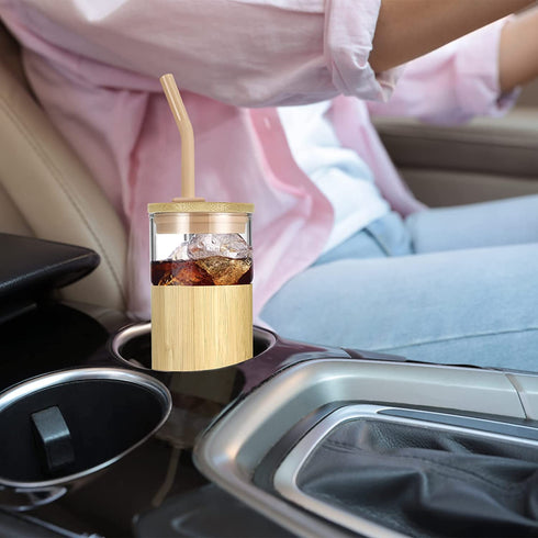 tronco Glass Tumbler with Bamboo Lid and Straw,20OZ Reusable Iced Coffee Cup With Bamboo Sleeve,Smoothie Cups,Clear Glass Travel Water Bottle,Spill Proof