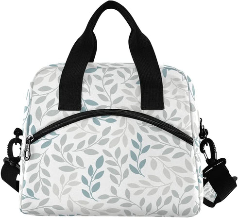 Grey Blue Leaves Lunch Bag with Shoulder Strap for Women Men Insulated Lunch Box Tote Bags Water-resistant Cooler Bag for Office Work Picnic Beach (11x7x9 Inch)