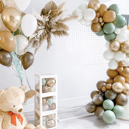 Sweet Baby Co. Neutral Sage Green Balloon Garland Kit Woodland Arch with Light Sage, Cocoa, Brown, Gold, White Balloons for Baby Shower Decorations, Hunter Jungle Theme Party Supplies, Safari Decor