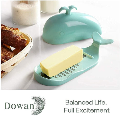 DOWAN Whale Butter Dish, Cute Butter Dish, Funny Gifts for Mom Wife Friends, Fish Bone Cutting Measuring Lines and Tail Non-slip Design, Ideal Decor Gift for Birthday Wedding Housewarming, Turquoise