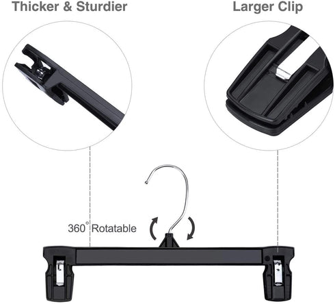 Titan Mall Pants Hangers 30 Pack 10 Inch Black Plastic Skirt Hanger with Non-Slip Big Clips and 360 Rotatable Hook, Durable and Sturdy Plastic Hanger, Elegant and Economical for Hanging Pants
