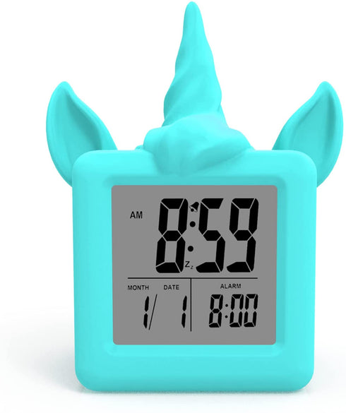 Something Unicorn - Unicorn Digital Alarm Clock with Snooze Button and Blue LCD Back-Lighting. Easy to Set Battery Powered Digital Clock in Silicone Sleeve with Time, Date and Alarm Display. (Blue)