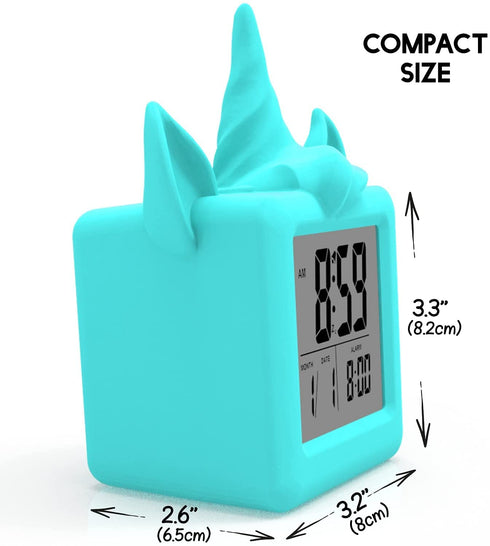 Something Unicorn - Unicorn Digital Alarm Clock with Snooze Button and Blue LCD Back-Lighting. Easy to Set Battery Powered Digital Clock in Silicone Sleeve with Time, Date and Alarm Display. (Blue)