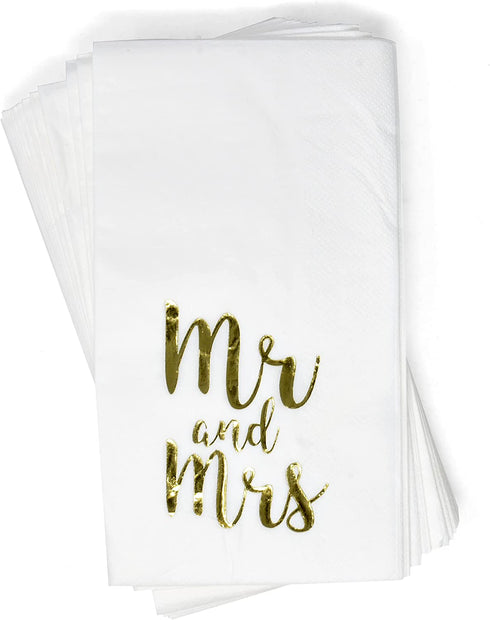 100 Mr and Mrs Guest Napkins Disposable Paper Pack 3 Ply Elegant Dinner Hand Napkin with Metallic Gold Foil For Bathroom Bedroom Wedding Reception Anniversary Birthday Baby Shower Decorative Towels