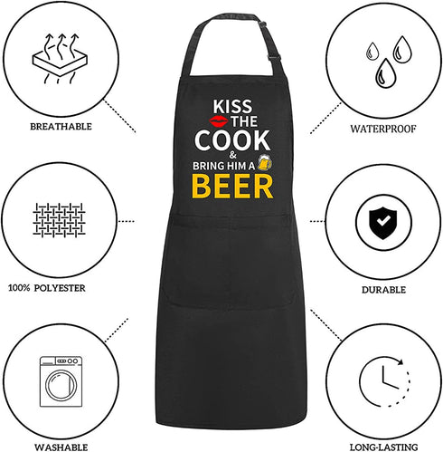 Funny Chef Aprons for Men with Pockets, Kiss the Cook Kitchen BBQ Cooking Dad Apron, Grill Gifts for Birthday Christmas Thanksgiving Fathers Day