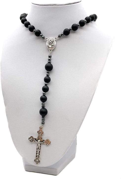 Nazareth Store Black Matte Agate Beads Rosary with Hematite Stones Catholic Necklace Jerusalem Holy Soil & Cross Crucifix in Velvet Bag