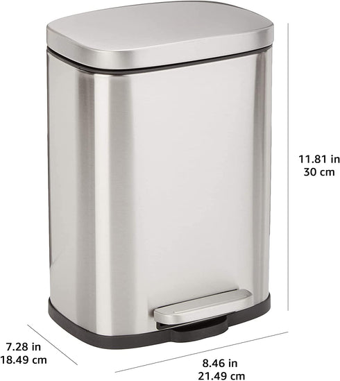 Amazon Basics 5 Liter / 1.3 Gallon Soft-Close, Smudge Resistant Trash Can with Foot Pedal - Brushed Stainless Steel, Satin Nickel Finish