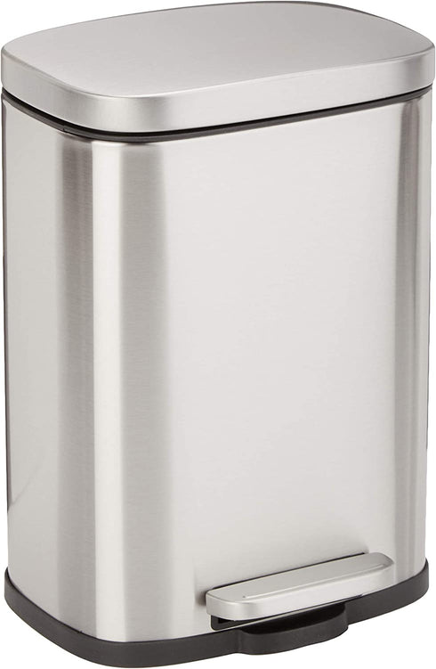 Amazon Basics 5 Liter / 1.3 Gallon Soft-Close, Smudge Resistant Trash Can with Foot Pedal - Brushed Stainless Steel, Satin Nickel Finish