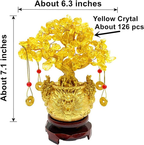 Feng Shui Decor Plants Flowers Artificial Trees Yellow Crytal Citrine Money Tree with Chinese Dragon Flowerpot About 7.1 Inches with Rotating Sandalwood Base Chinese Copper Coin String Decoration