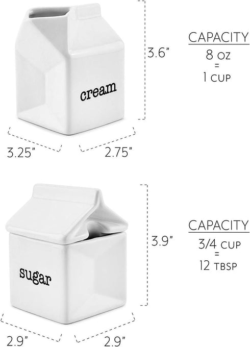 Darware Sugar and Creamer Set, Milk Carton Shaped White Ceramic Cream Jug and Sugar Bowl