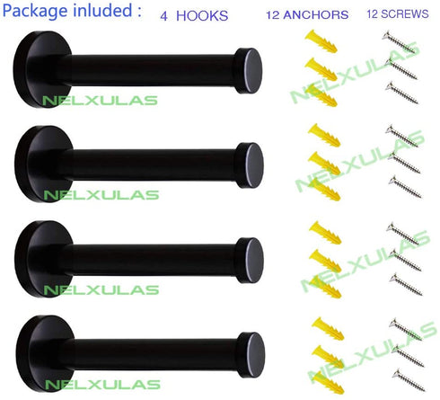 NELXULAS Classic Black Stainless Steel Heavy Duty Wall Mount Hooks, Bath Towel Hooks, Coat Hanger, Handbag Hooks, 4 in Pack (6")
